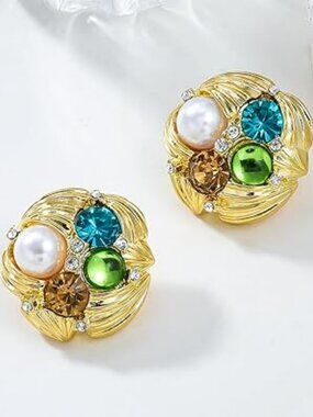 NEW Gold Stud Earrings Colorful Crystal Round Shaped Statement Earring Chunky